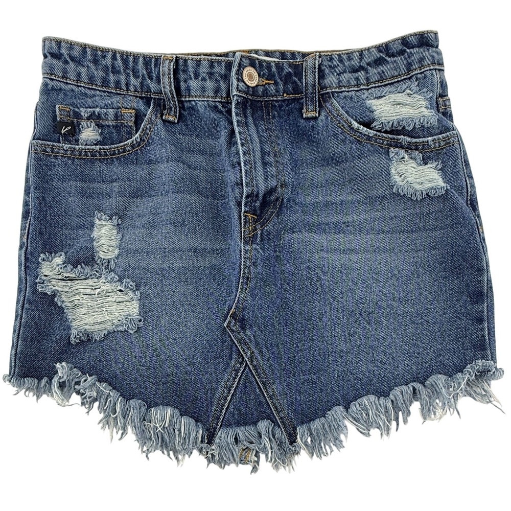 KanCan Denim Skirt Womens Medium Distressed Frayed Raw Hem High Rise Cutoff Blue